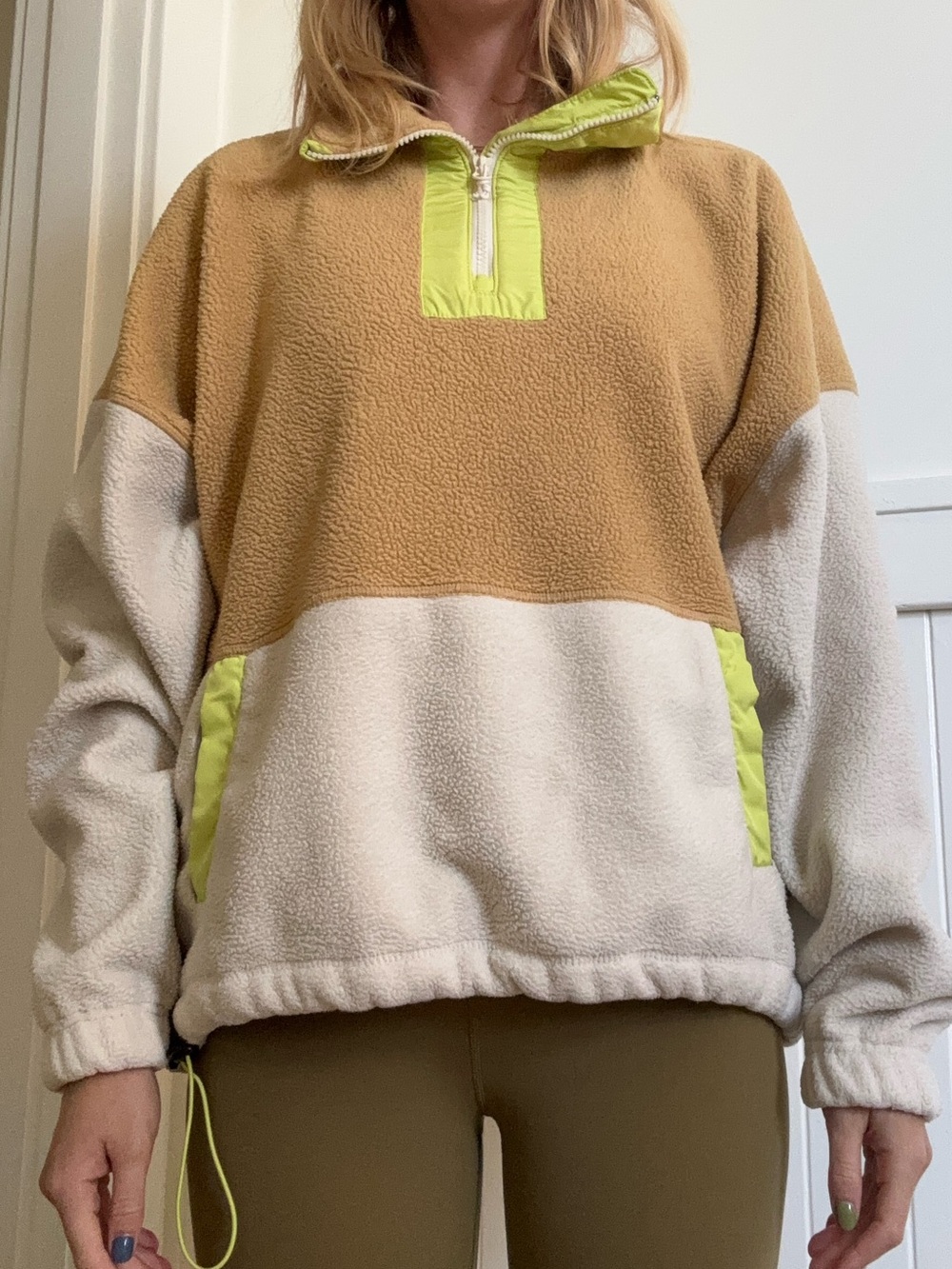 Colorblock Fleece Pullover in Camel, Cream & Lime
